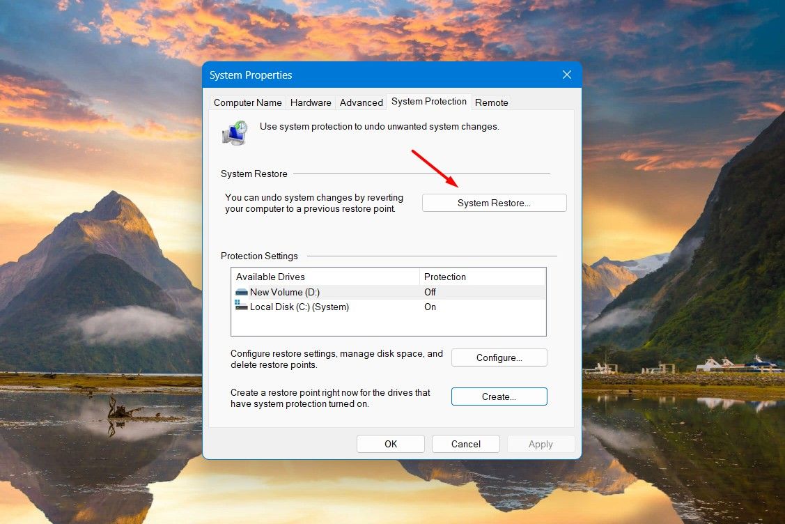 System Restore option in the System Properties window.