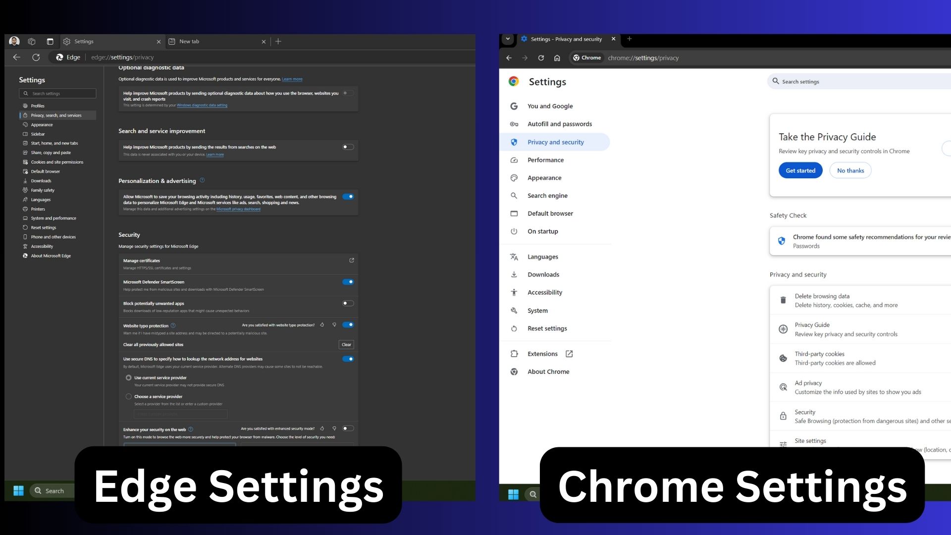 edge and chrome settings page comparison