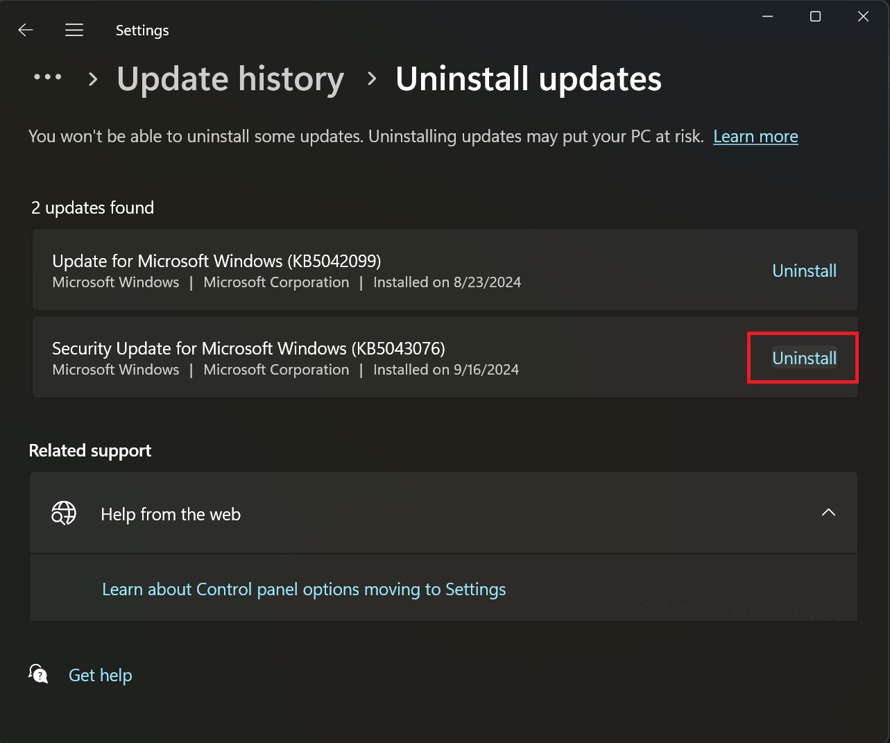 Uninstall KB5043076 update