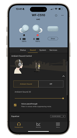 Sony WF-C510 app interface showing the audio settings including equalizer and ambient sound control.