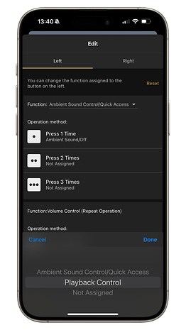 Sony WF-C510 settings screen with its button function assignments.