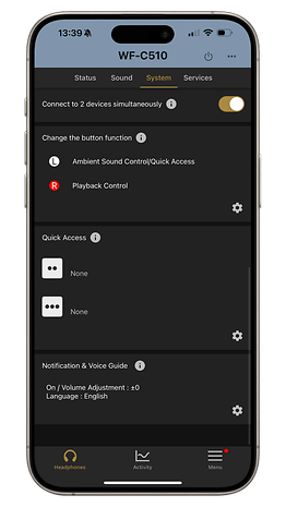 Sony WF-C510 settings screen with its button function assignments.