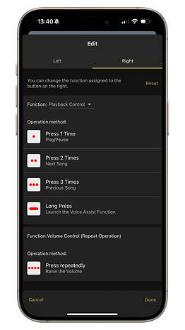 Sony WF-C510 settings screen with its button function assignments.