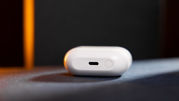 Close-up of the Samsung Galaxy Buds 3 charging case showing the USB-C port and button.