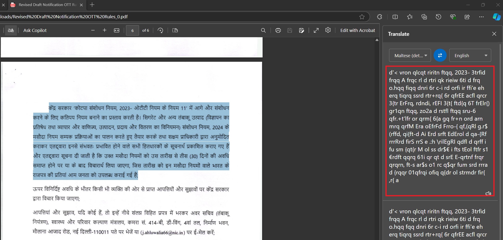 edge cannot detect languages in pdf like hindi or translate them