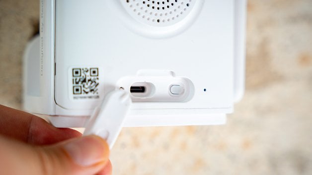 Close-up of the USB-C port and QR code in the Reolink Atlas PT Ultra camera.