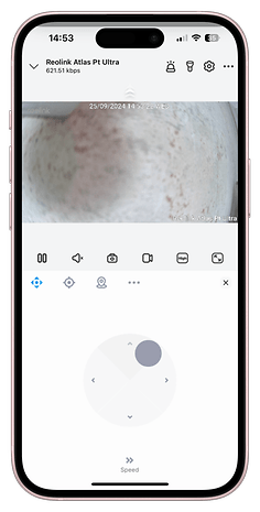 Reolink Atlas Pt Ultra app interface with live feed and control options.