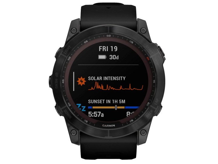 The Garmin Fenix 7X smartwatch with stats on the screen.