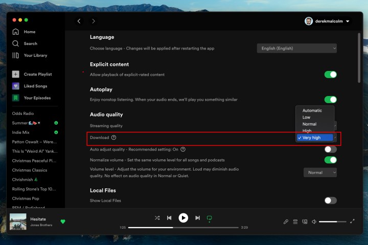 How to download music and podcasts from Spotify: Setting download quality. 