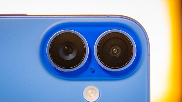 Close-up of the dual camera setup of the Apple iPhone 16 in Ultramarine.