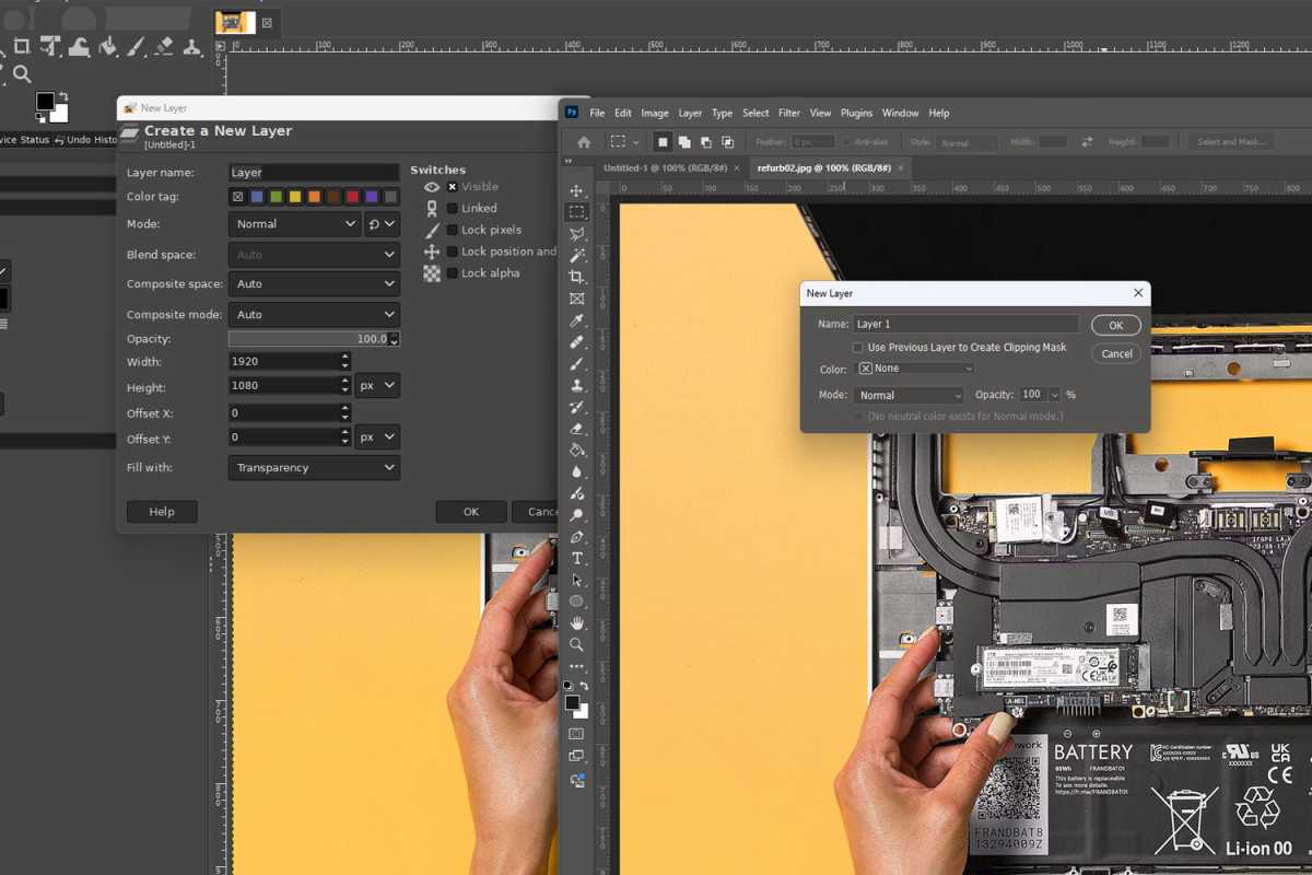 Layer size comparison between GIMP and Adobe Photoshop screenshot