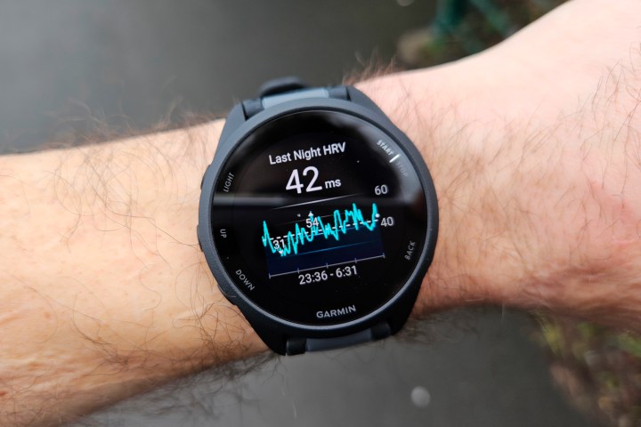 The Garmin Forerunner 165, showing an HRV reading.