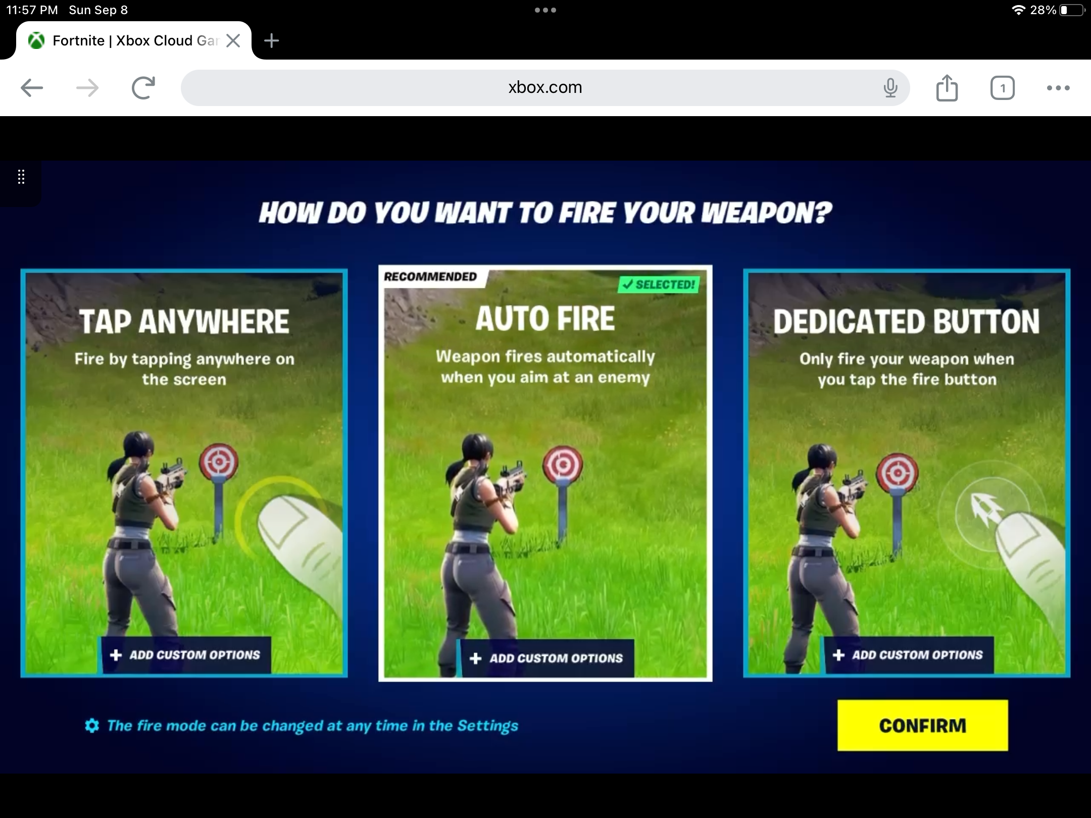 A screenshot of the Fortnite Cloud Gaming options with the Auto-Fire option selected.