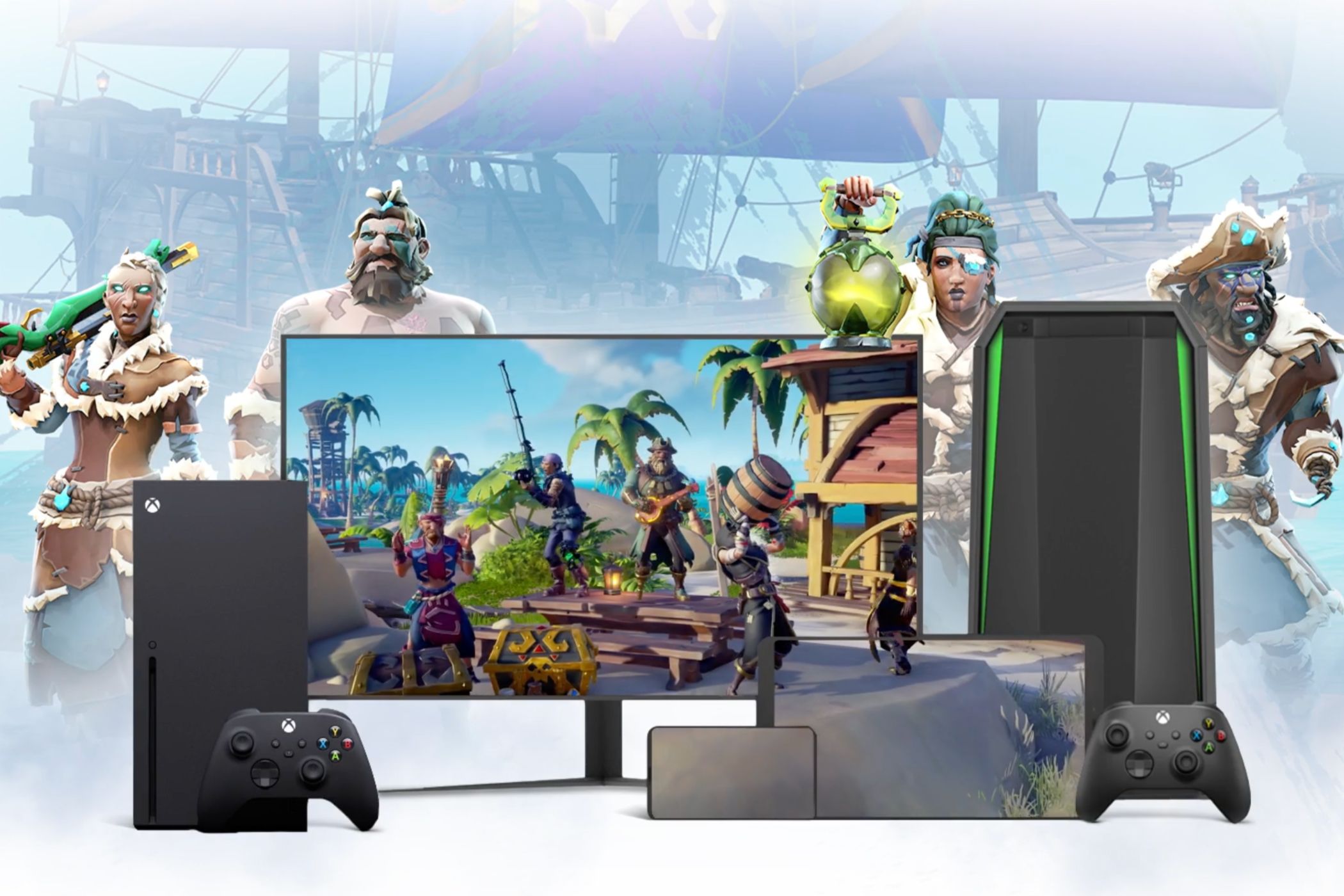 Sea of Thieves on a variety of devices showcasing Xbox Cloud Gaming.