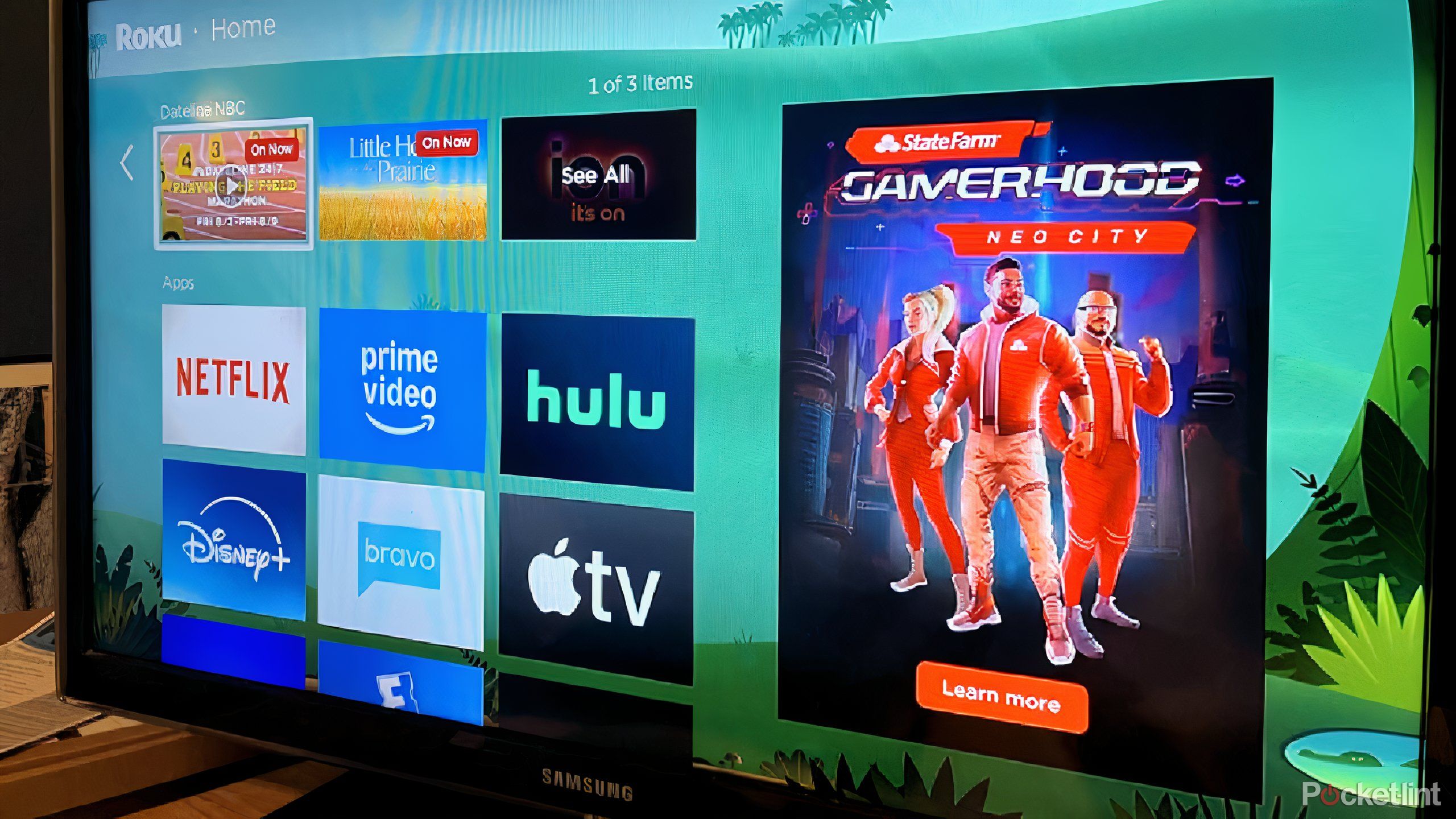 The Roku TV interface with an ad on the right