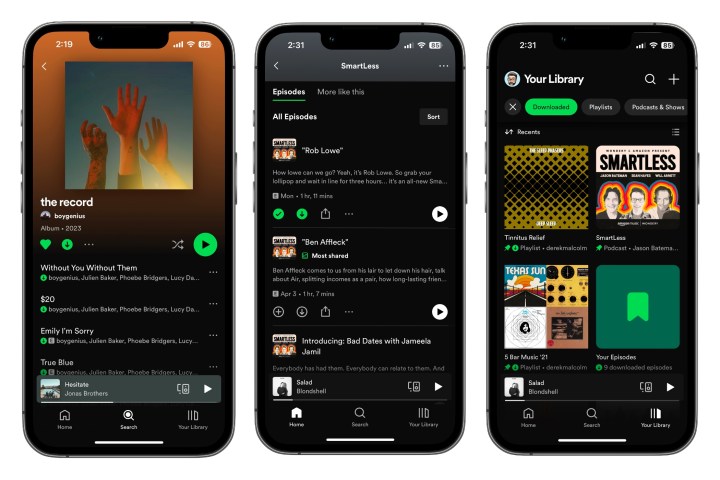 A collage of screengrabs for how to download music and podcasts from Spotify on mobile.