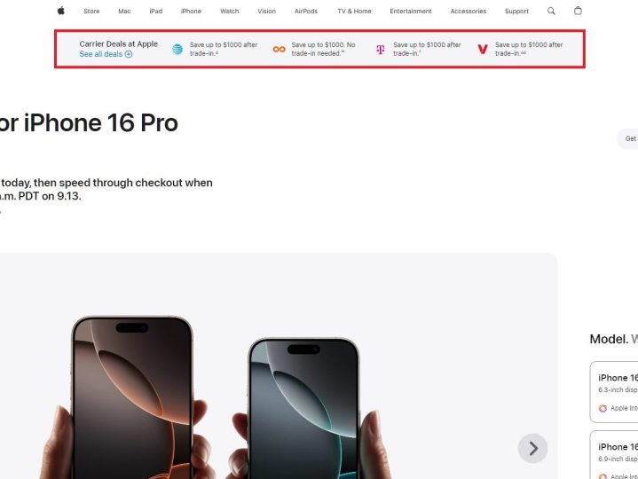 Apple offers a concise guide on iPhone 16 Pro and iPhone 16 Pro Max deals at the top of its page.