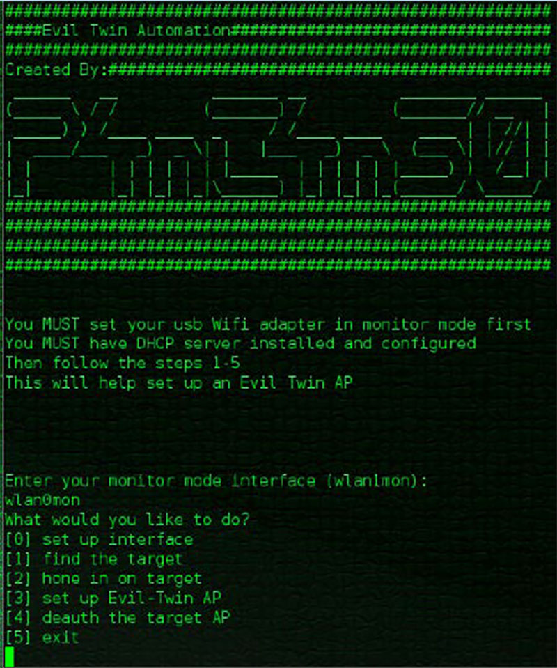 Das ist ein altes Script, mit dem sich ein Evil Twin, ein böser Zwilling, einrichten lässt. Das ist ein bösartiges WLAN, das genauso heißt wie ein harmloser WLAN-Zugangspunkt.