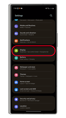 Samsung Settings menu showing options for Display, Battery, and more.