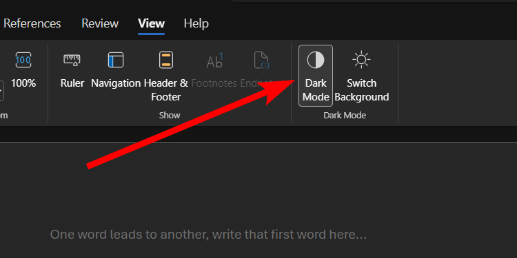 Switching to dark mode in Microsoft Word web.