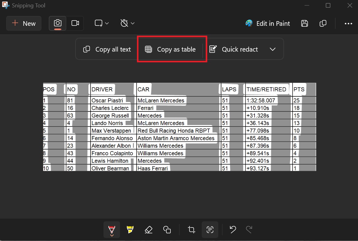 copy as table feature in action in snipping tool windows 11 24h2