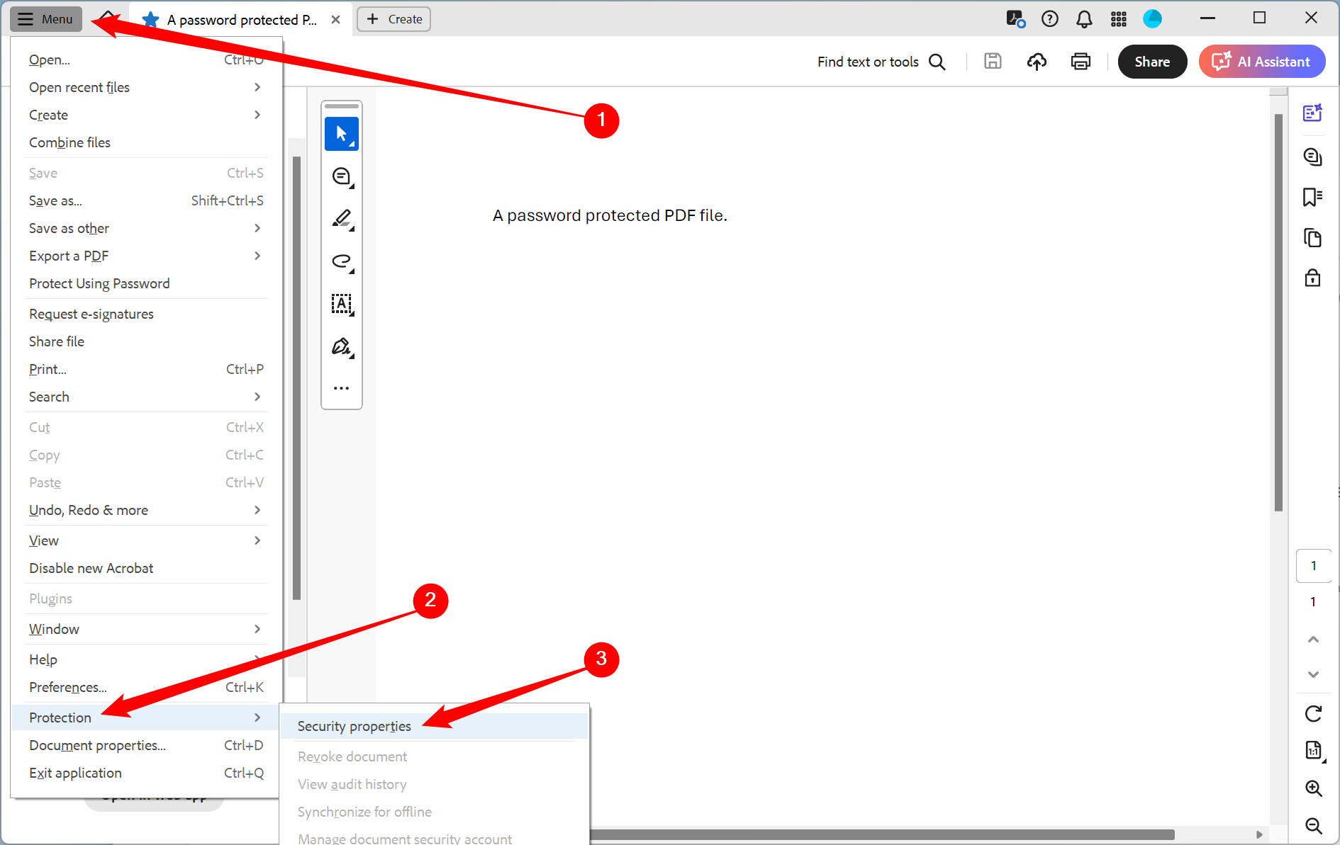 Click 'Menu' in the top left, then click 'Protection,' then select 'Security Properties.'