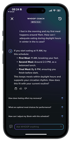 Whoop Coach app interface showing fasting schedule and meal recommendations.