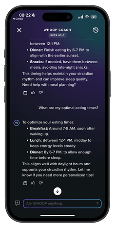 Whoop AI coach interface showing optimal eating times: Breakfast 7-8 AM, Lunch 12-1 PM, Dinner by 6-7 PM.