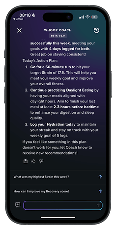 A phone screen displaying the Whoop Coach app with an action plan for fitness and hydration.