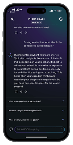 Screenshot of the Whoop AI coach app, discussing winter daylight hours and optimizing schedules.