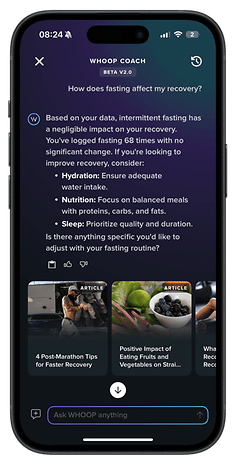 Mobile app interface showing WHOP Coach suggesting fasting impact on recovery.