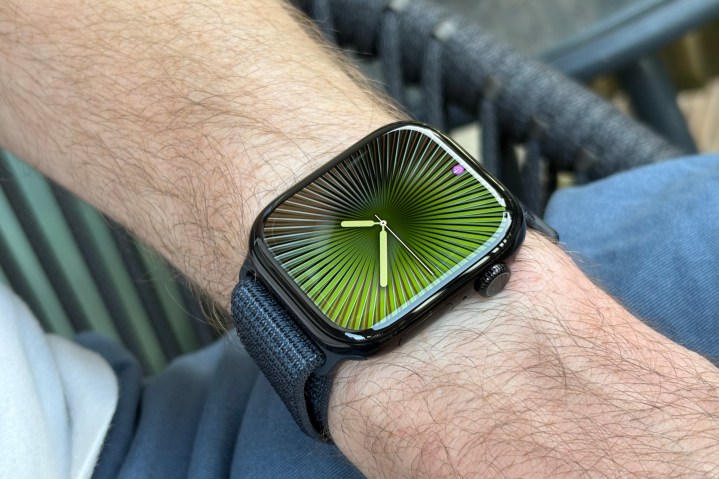 The Apple Watch Series 10 on someone's wrist with the screen on.