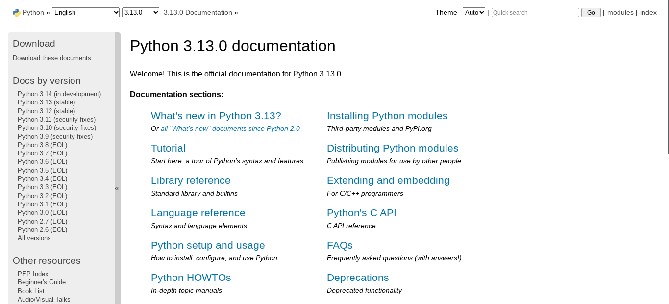 Screenshot of the Python 3.13.0 documentation website.