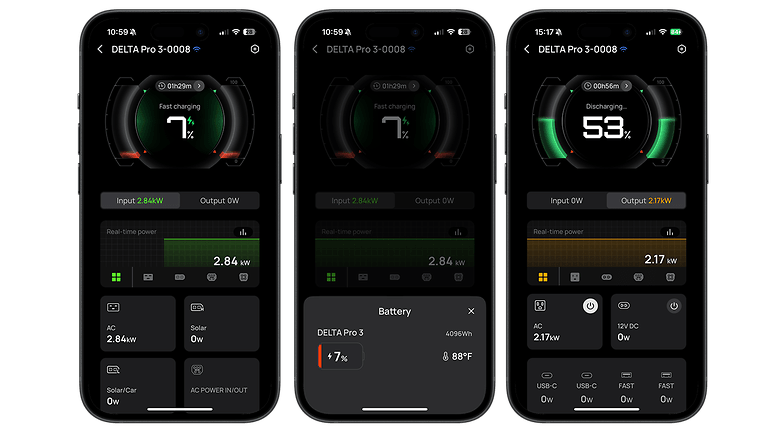 EcoFlow Delta Pro 3 app interface showing battery status and power metrics.