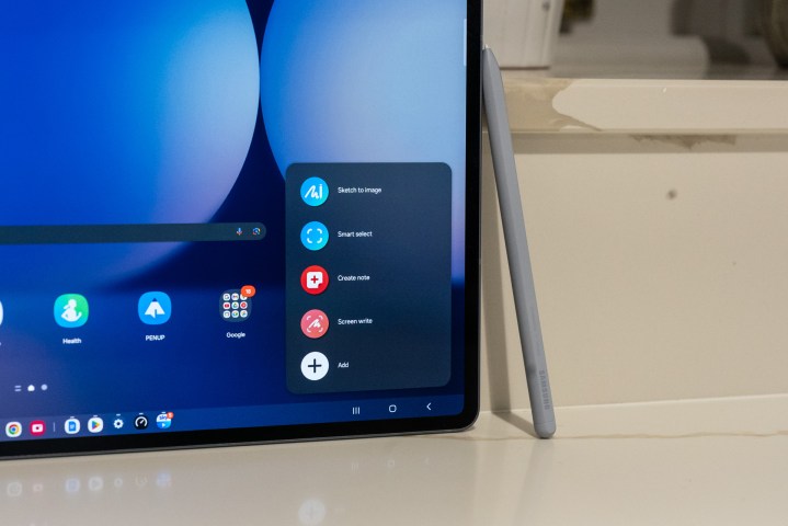 The S Pen and pop-up menu showing quick actions on the Galaxy Tab S10 Ultra