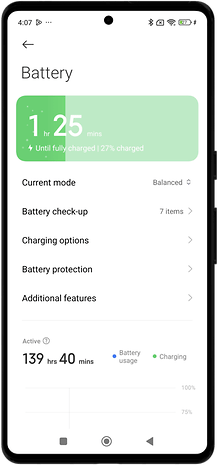 Batterieeinstellungen mit 1 Std. 25 Min. bis zur vollständigen Aufladung, 27 % geladen.