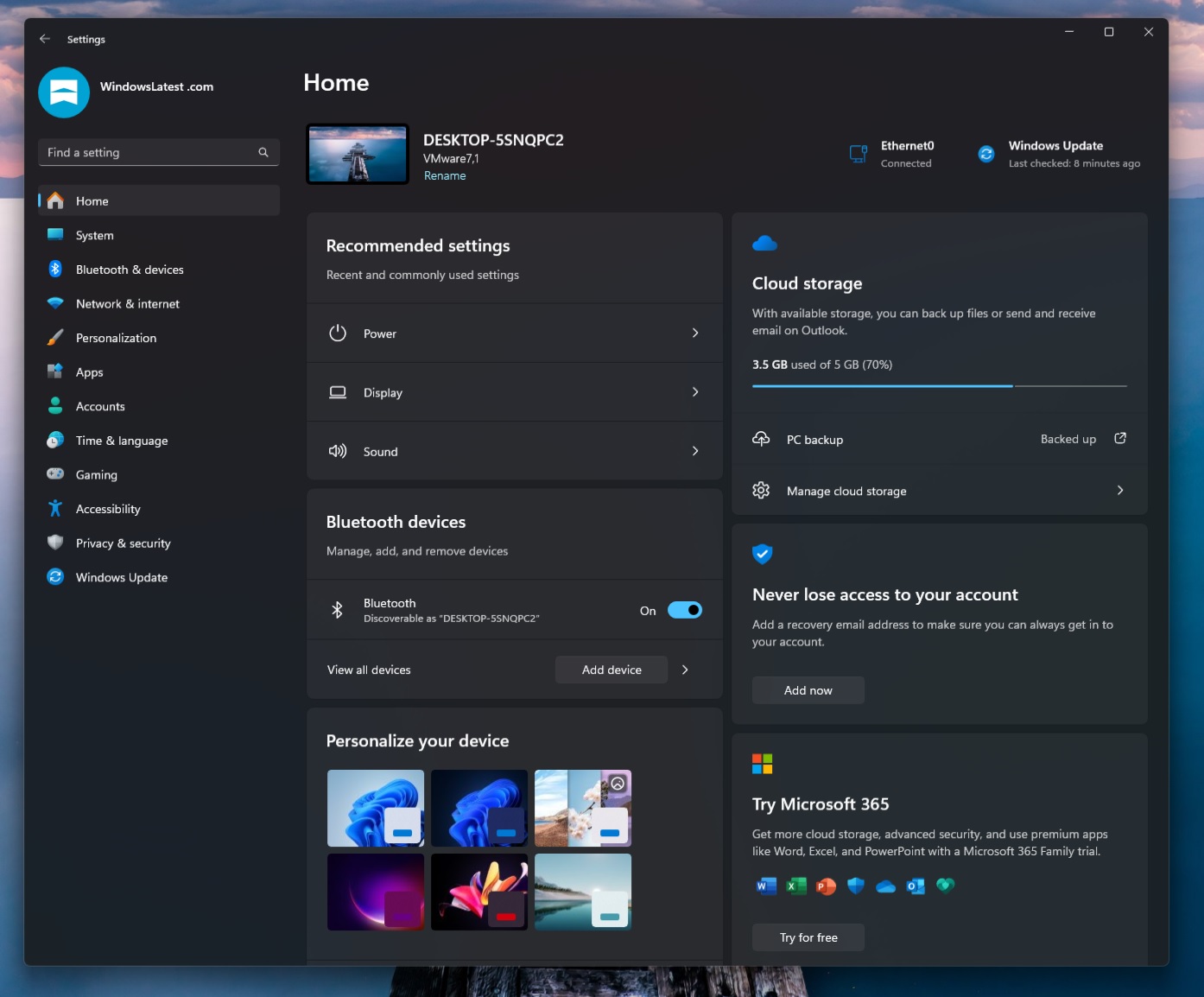 Windows 11 Settings home