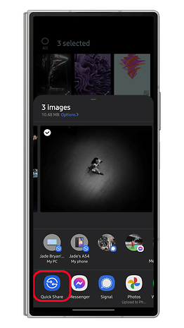 A smartphone screen showing three selected images and a Quick Share option highlighted.