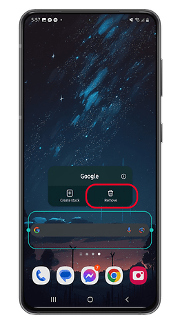 Android phone screen displaying a starry background with a Google widget and options to create or remove a stack.