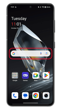 A smartphone screen displaying the time, date, and a Google search bar with app icons below.