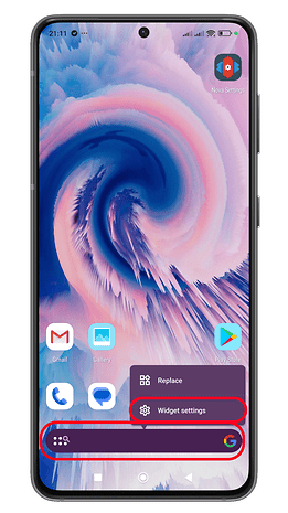 Android smartphone home screen displaying colorful wallpaper and app icons with a widget menu.