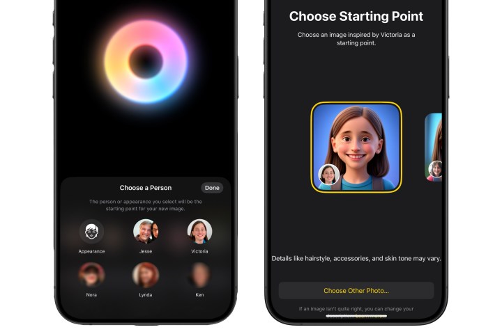 Two iPhones showing Image Playground being used to create an image based on a photo of a young girl.