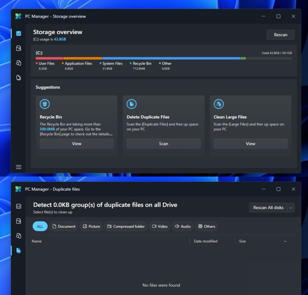 PC Manager storage overview