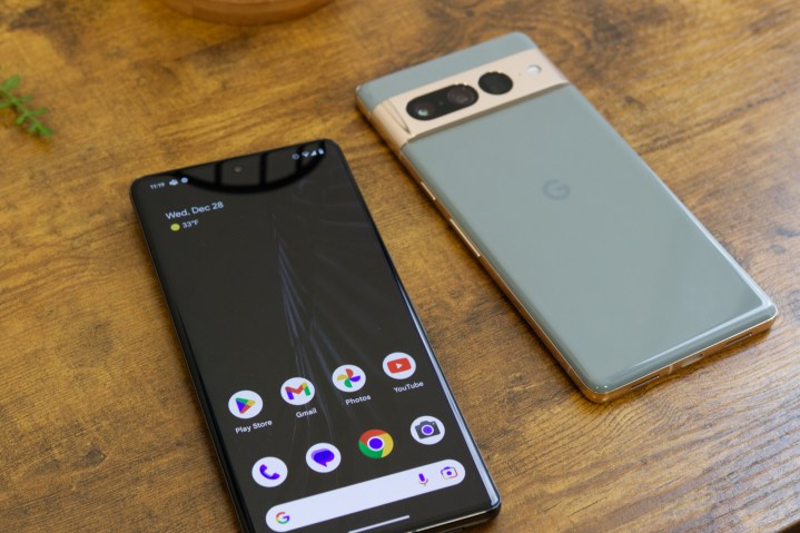 Two Google Pixel 7 Pro smartphones.