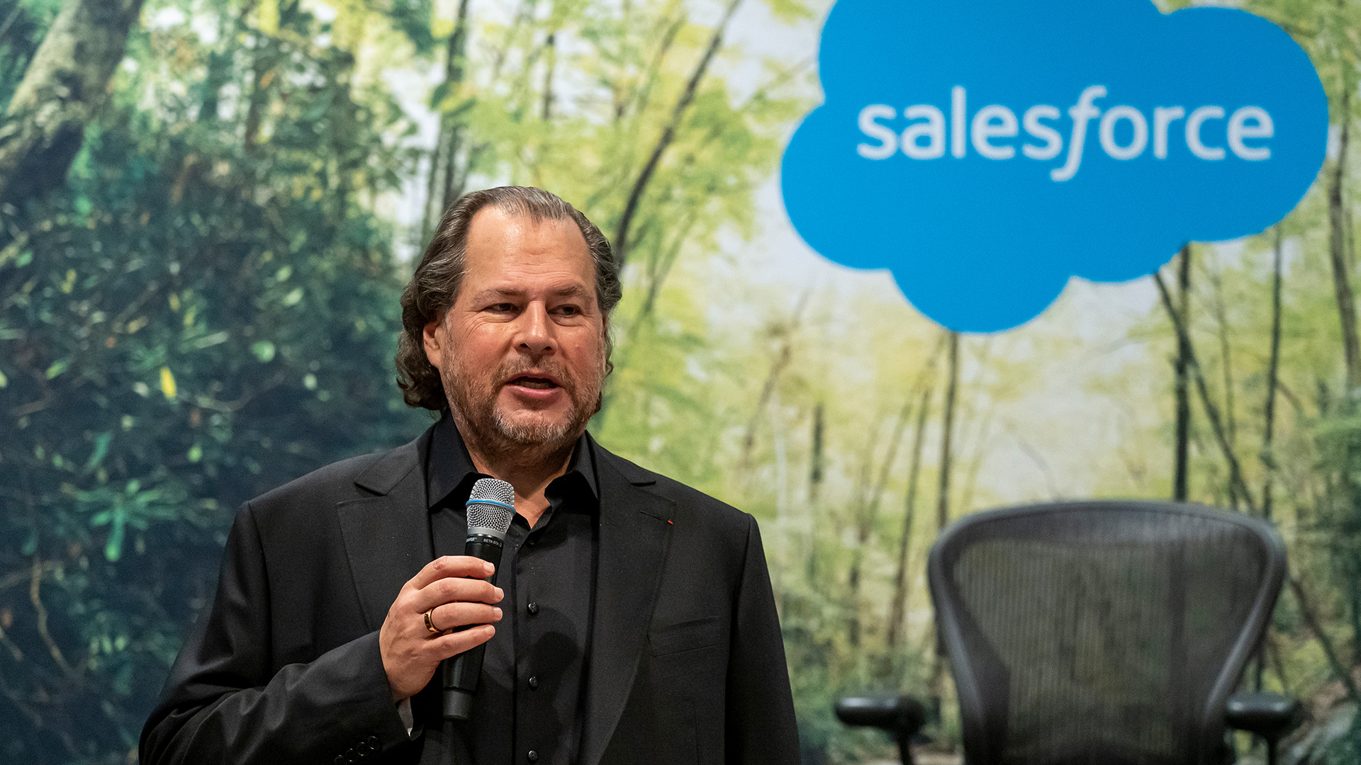 Marc Benioff, chief executive officer of Salesforce Inc., speaks during a press conference at the 2024 Dreamforce conference in San Francisco, California, US, on Tuesday, Sept. 17, 2024.