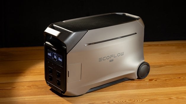 A sleek EcoFlow Delta Pro portable power station with multiple outlets and a digital display.