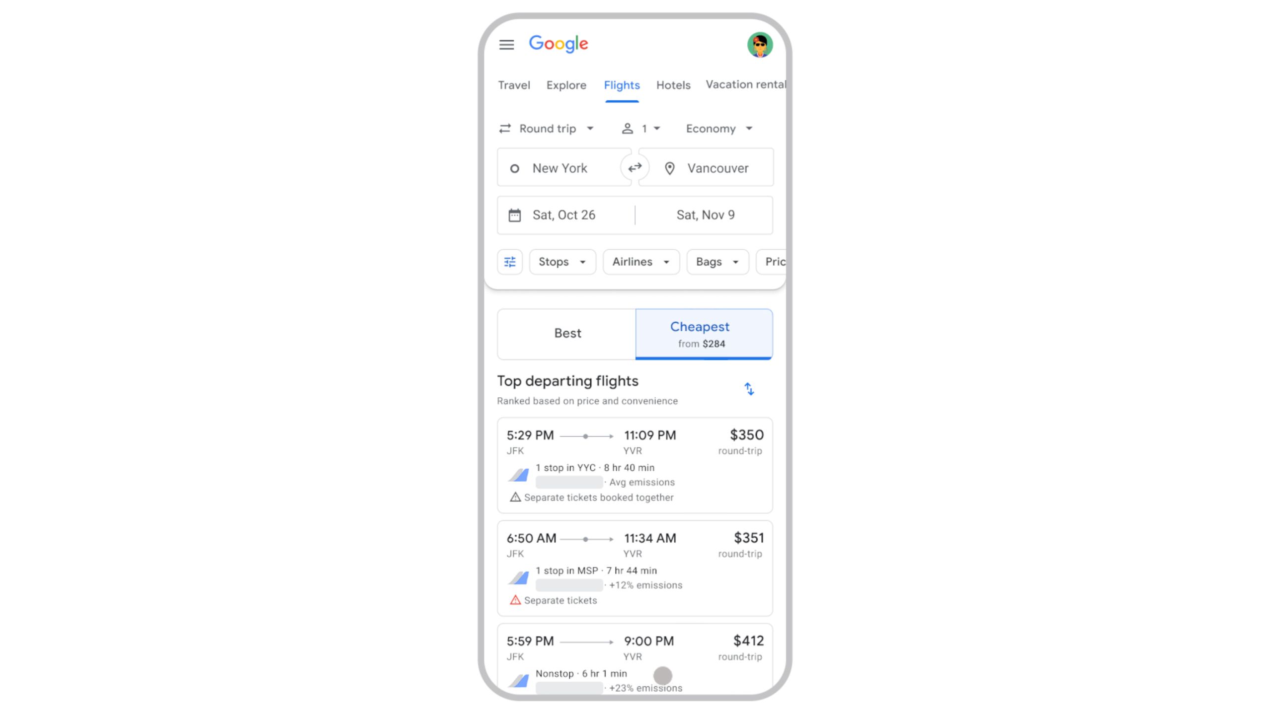 Google Flights cheapest option tab