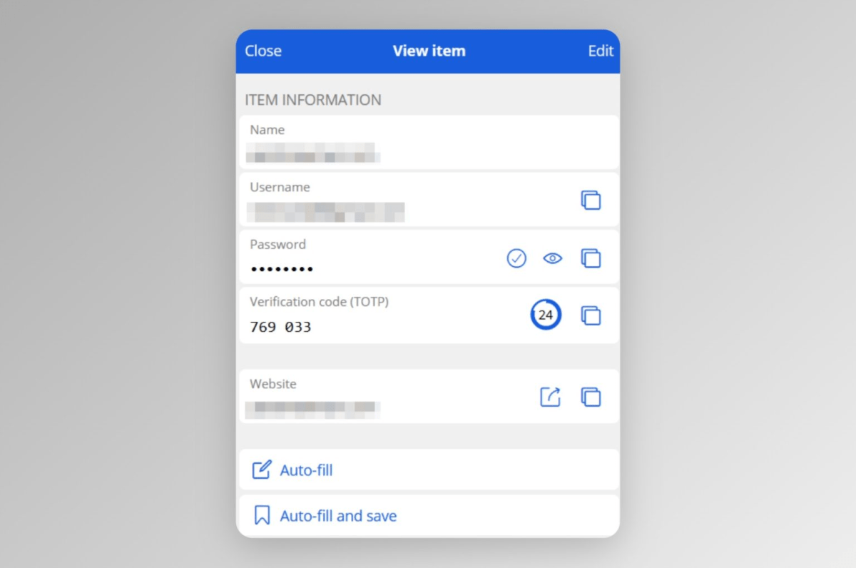 Bitwarden password page with TOTP verification code