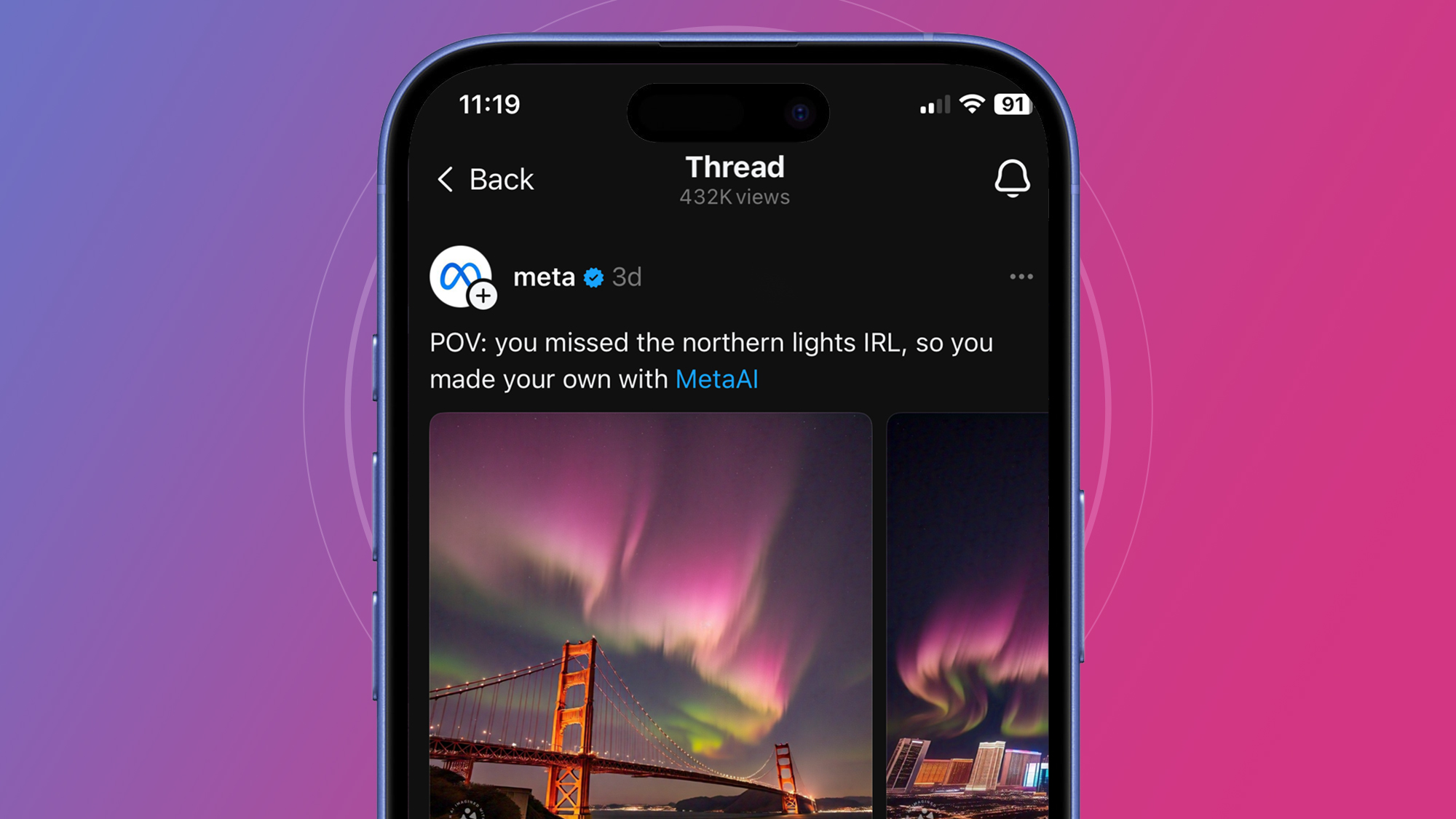 A phone on a purple and pink background showing a Meta post on Threads about AI images of the northern lights