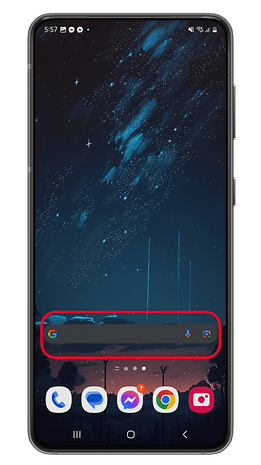 A smartphone screen displaying a starry night wallpaper with a Google search bar at the bottom.